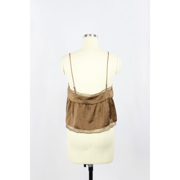 Aritzia LITTLE MOON Sedum Brown Satin Cropped Peplum Camisole Tank Top, Size S - Picture 3 of 15